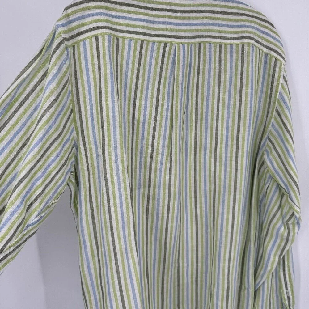 Banana Republic Linen Men's Striped Button Down Shirt Green Blue Size Large